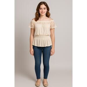 Charlotte Russe Ivory Lace Shoulder Peasant Blouse Women Junior Size Large EUC